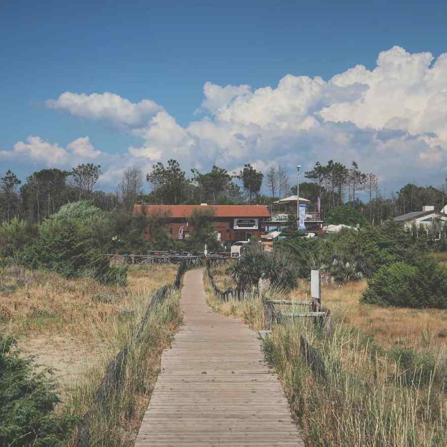 Passerella in legno che attraversa una zona di dune sabbiose e vegetazione mediterranea, conducendo a un edificio con tetto rosso immerso tra gli alberi. Il cielo azzurro è punteggiato da nuvole bianche e imponenti, creando un contrasto suggestivo con il paesaggio.